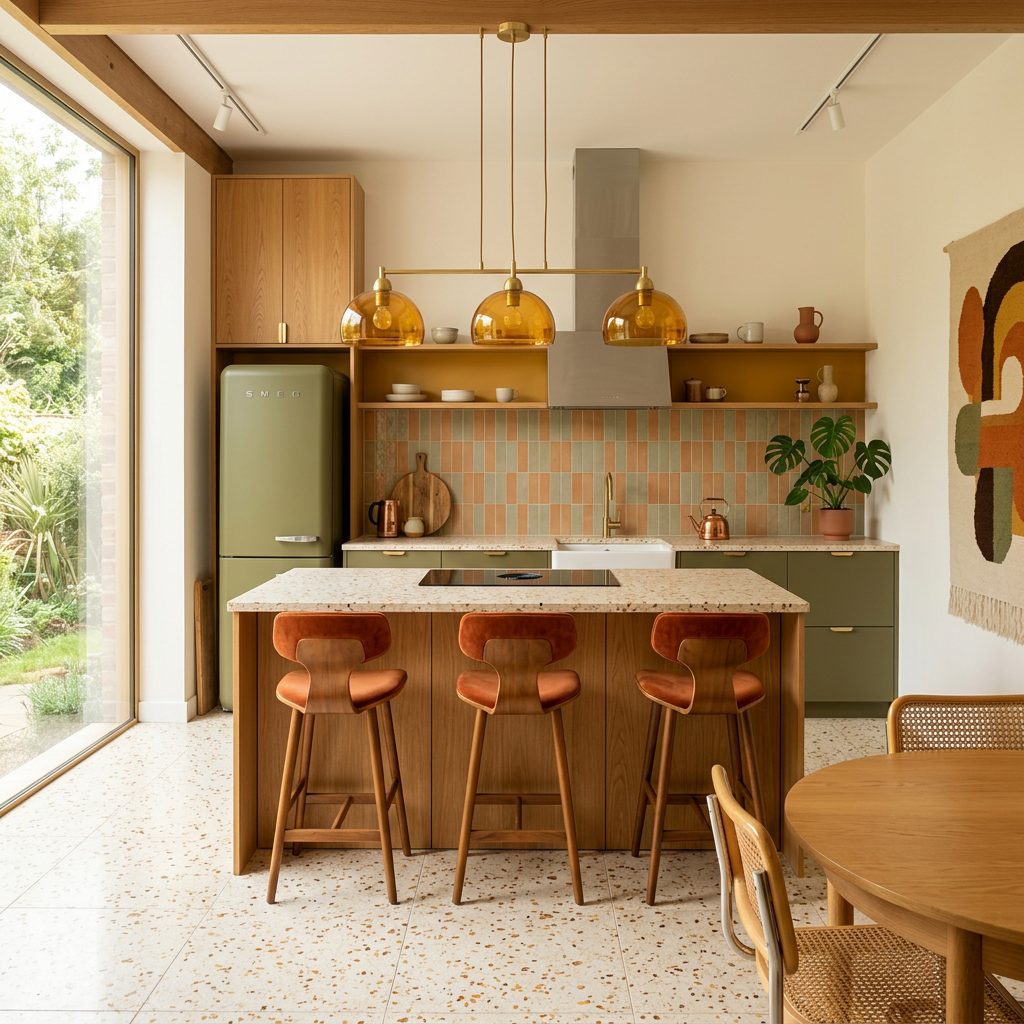 Mid-century modern kitchen with green SMEG fridge, amber pendant lights, and terrazzo floor